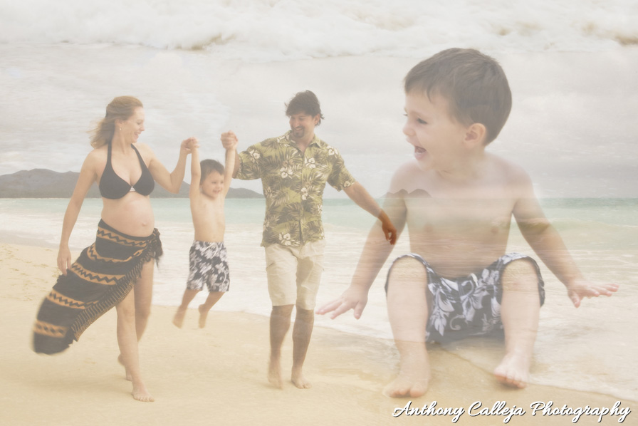 Oahu family beach photography family holding hands swinging their son as they walk on the white sand beach of Waimanalo